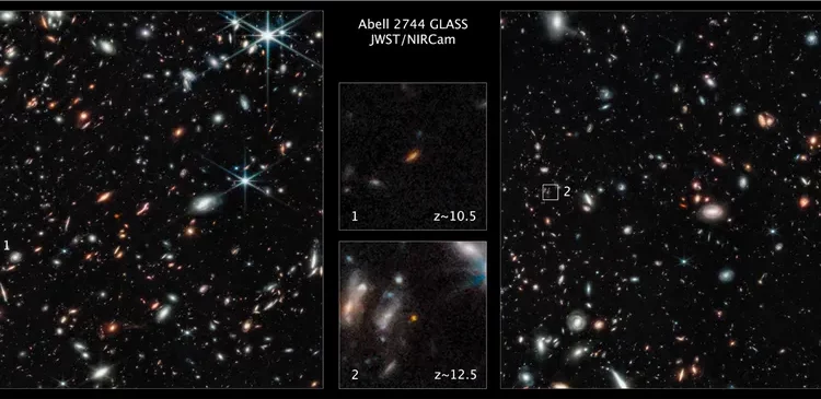 Duas primeiras galáxias que se formaram durante os primeiros 500 milhões de anos de vida do nosso Universo. Imagem capturada pelo Telescópio Espacial James Webb.